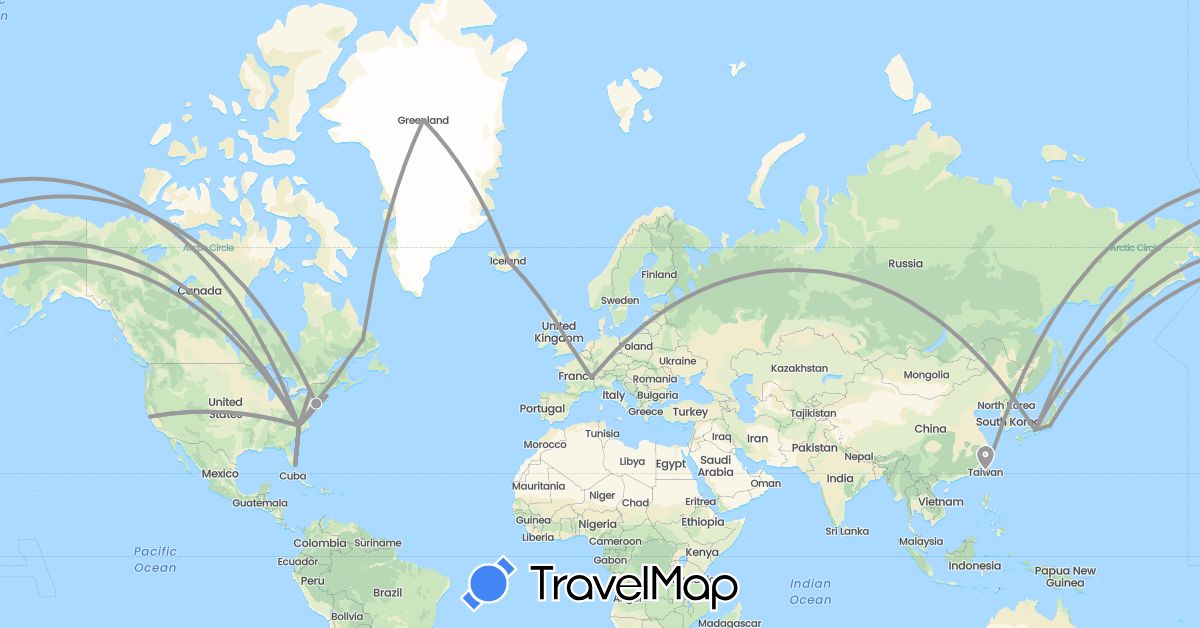 TravelMap itinerary: driving, plane in Canada, Switzerland, United Kingdom, Greenland, Iceland, Japan, Taiwan, United States (Asia, Europe, North America)